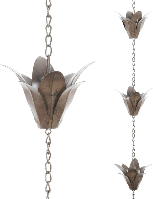 DUSVALLY Rain Chain, 7.88 FT Metal Flower Rain Chain, Functional and Decorative Replacement for Gutter Downspouts, Adjustable, Antique Silver