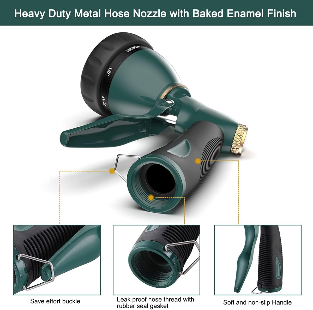 FANHAO Garden Hose Nozzle Sprayer Heavy Duty, 100% Metal Spray Nozzle High Pressure Water Hose Nozzle with 7 Patterns for Watering Garden, Washing Cars and Showering Pets