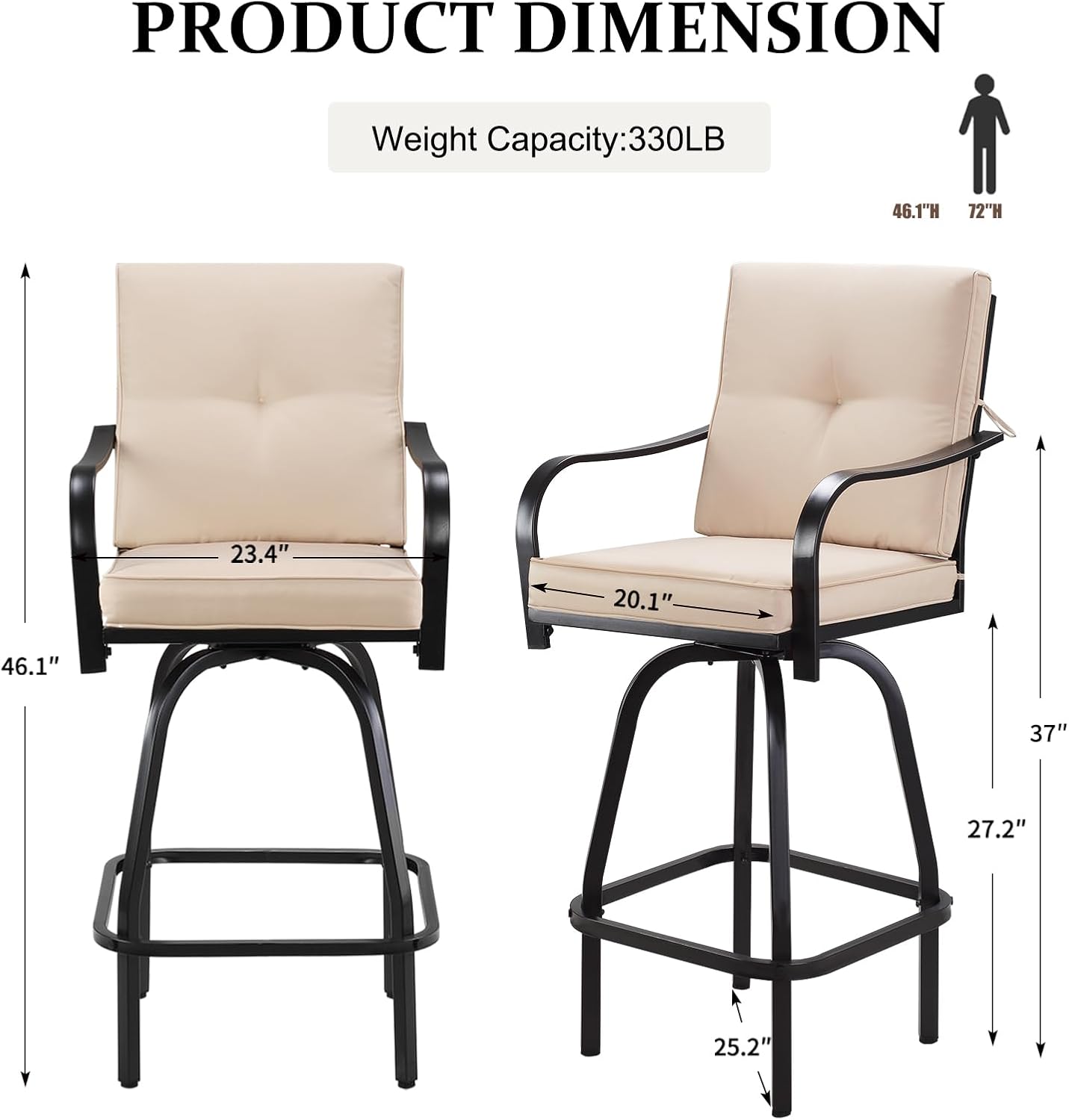 Patio Swivel Bar Stools, Outdoor High Back Swivel Bar Chair Set of 4 with Cushion & All Weather Steel Frame for Backyard, Lawn, Poolside and Balcony, Beige