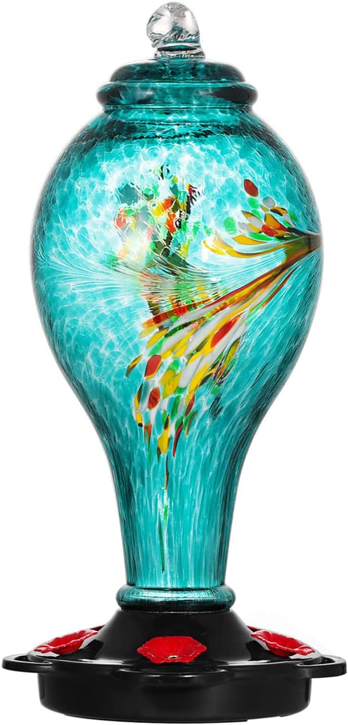 LUJII Hummingbird Feeder, Hand Blown Glass Hummingbird Feeder, Never Fade, 36 Fluid Ounces, 5 Feeding Metal Stations, Much Bigger, Garden Backyard Decorative, Containing Ant Moat (Blue)
