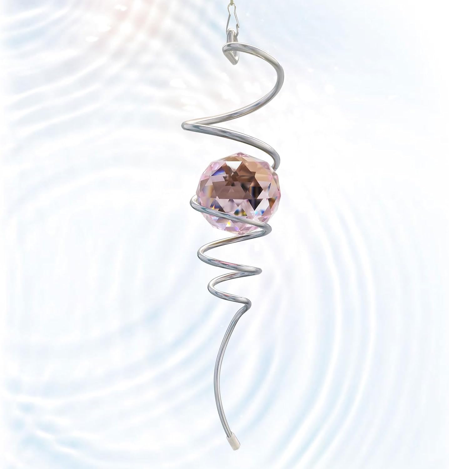 Gazing Ball Spiral Tail with Pink Crystal Orb | Sparkling Wind Spinner Stabilizer, Sun Catcher Rainbow Maker, Hanging Indoor/Outdoor Garden Decor & Gift Gift for Mom Grandma, 13" Height