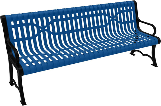 Heavy-Duty Outdoor Bench Thermoplastic Coated, Slated Steel, Commercial-Grade Garden Bench, Made in America (Portable with Back, 6 Ft, Textured Light Blue)