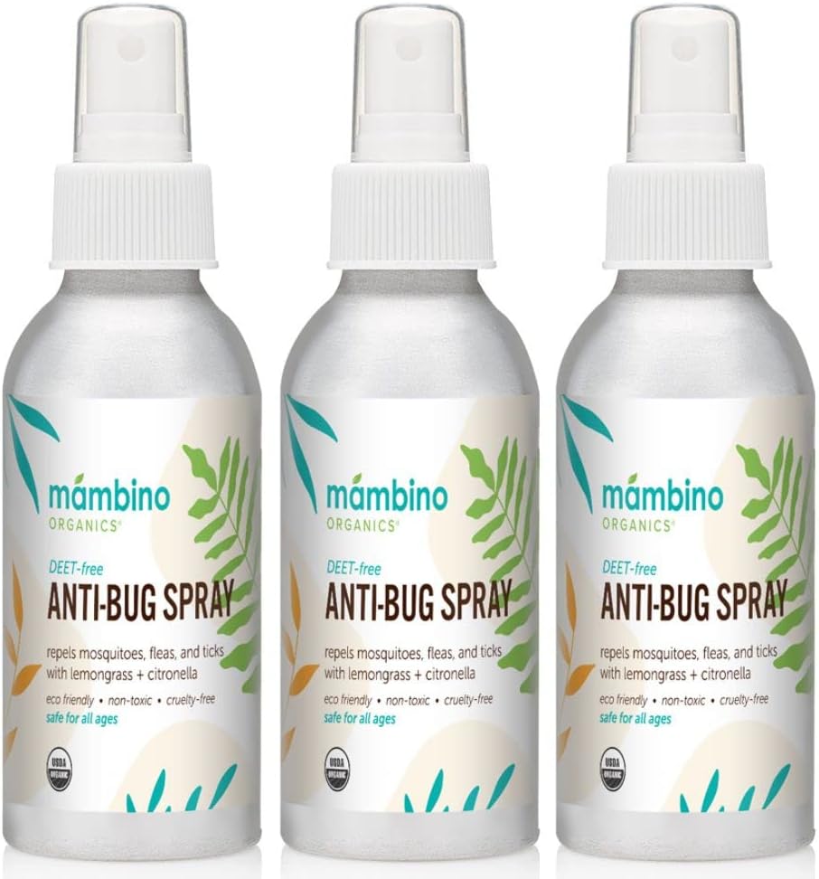 Anti-Bug Spray DEET-Free – Organic, All-Natural Bug Spray Travel Size with Essential Oils – Non-Toxic, Reef Safe, Face-Safe Bug Repellent for Babies, Kids, Adults by Mambino Organics, 2.7oz 3-Pack