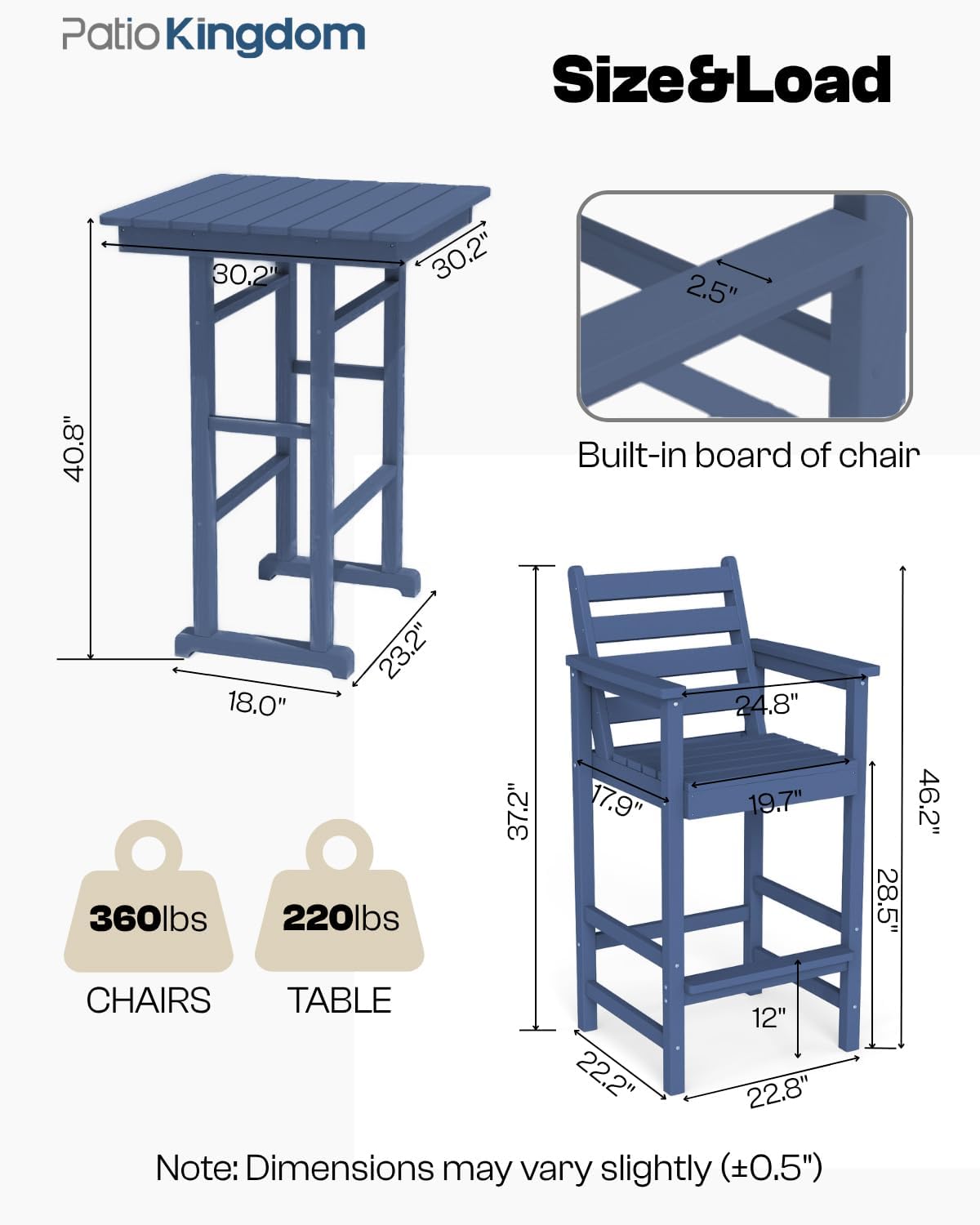 Outdoor Bar Set, 3-Piece HDPE Balcony Set with 2 Tall Adirondack Chairs and Bar Table, All-Weather Bar Height Stools for Patio, Backyard, Poolside (Navy Blue)