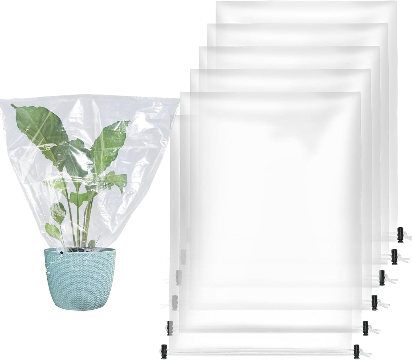 ANPHSIN 6 Pcs Winter Plant Cover Freeze Protection - 23.6" x 31.5" Plastic Plant Frost Bags with Drawstring, Transparent Waterproof Plant Shelter Coverings for Outdoors Garden Potted Plants