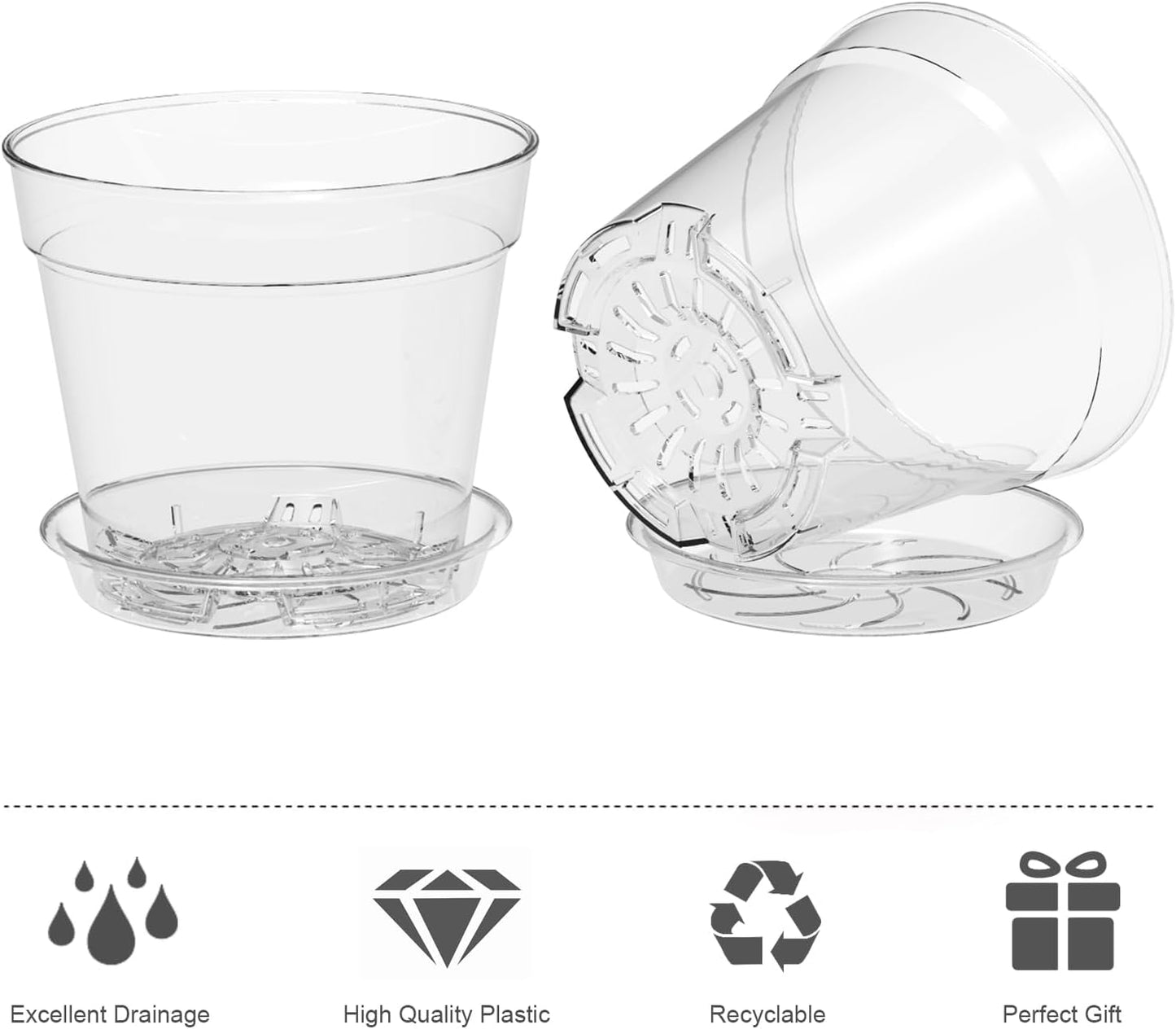 4 Inch Clear Nursery Pots, 8 Pack Highly Transparent Plant Pots for Small Indoor Plants with Drainage Holes and Trays, Plastic Seedling Starter Planters for Flowers