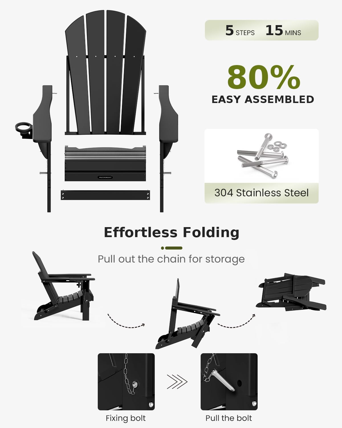 MUCHENGHY Folding Adirondack Chairs 2 Pack, Patio & Outdoor Chairs, Plastic Weather Resistant with Cup Holder for Deck, Backyard, Garden (Black)