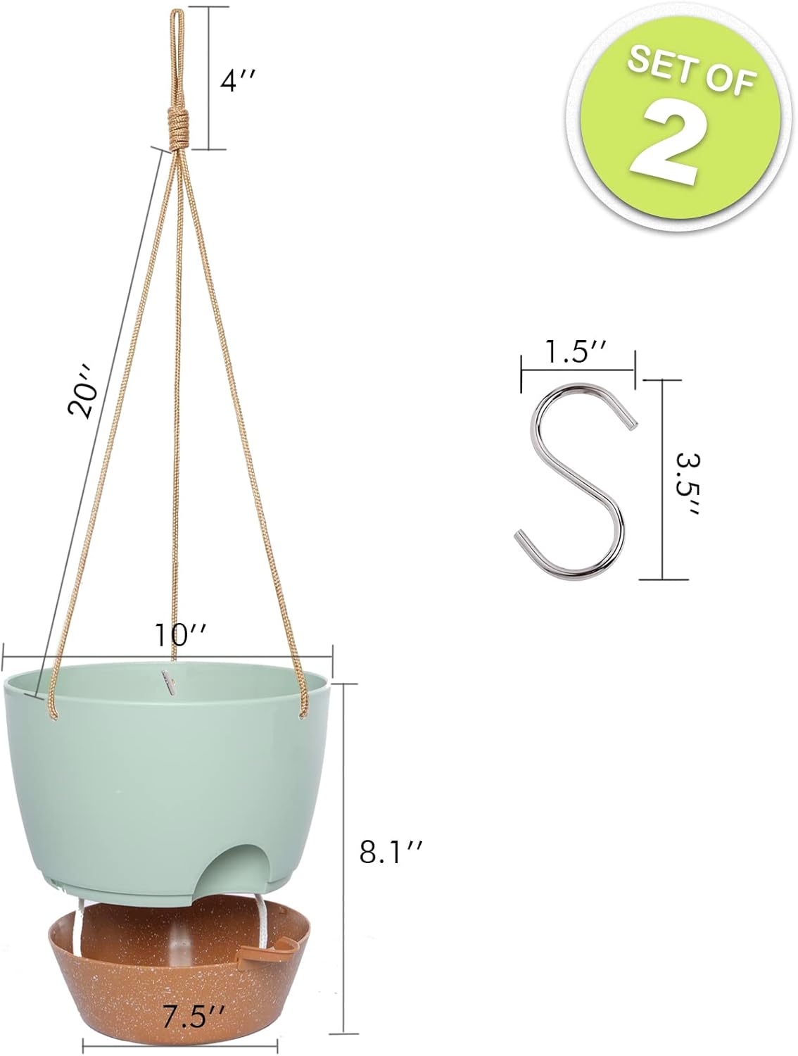 10 Inch Self Watering Hanging Pots, 2 Pack Hanging Planters with 40oZ Deep Reservior for Indoor Outdoor Plants Flowers, Green with Brown