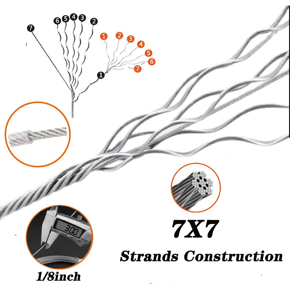 1/8" Wire Rope Kit with M5 Turnbuckles - 164FT Vinyl Coated Stainless Steel Cable, 7x7 Braided Strands Aircraft Cable for Climbing Plants, Outdoor String Lights Hanging