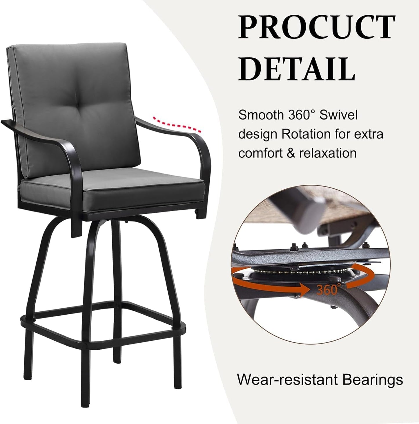 Patio Swivel Bar Stools, Outdoor High Back Swivel Bar Chair Set of 4 with Cushion & All Weather Steel Frame for Backyard, Lawn, Poolside and Balcony, Dark Gray