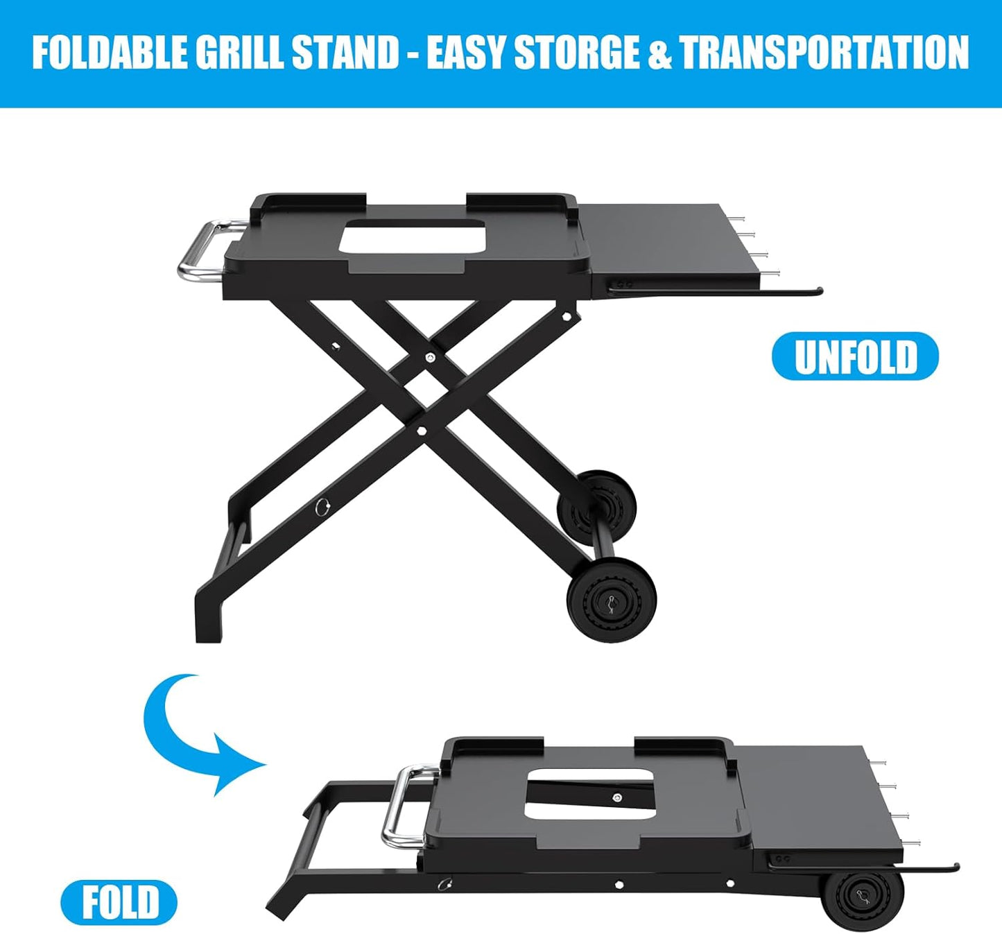 Collapsible Grill Stand for Ninja Woodfire OG701 OG800 OG900 Series & OO101 Pizza Oven Grill,Outdoor Table Cart with Side Shelf for Ninja XSKSTAND XSKUNSTAND Woodfire OG 700 Series,Foldable
