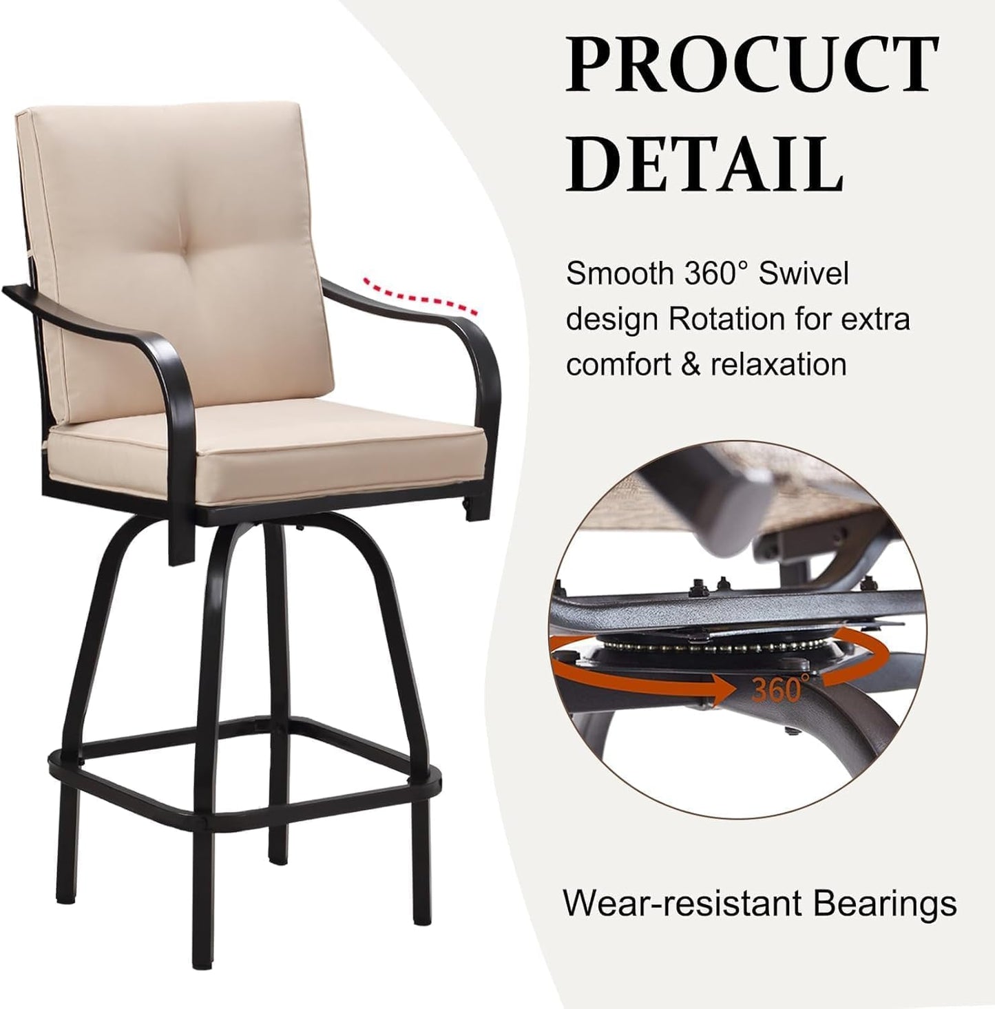 Patio Swivel Bar Stools, Outdoor High Back Swivel Bar Chair Set of 4 with Cushion & All Weather Steel Frame for Backyard, Lawn, Poolside and Balcony, Beige