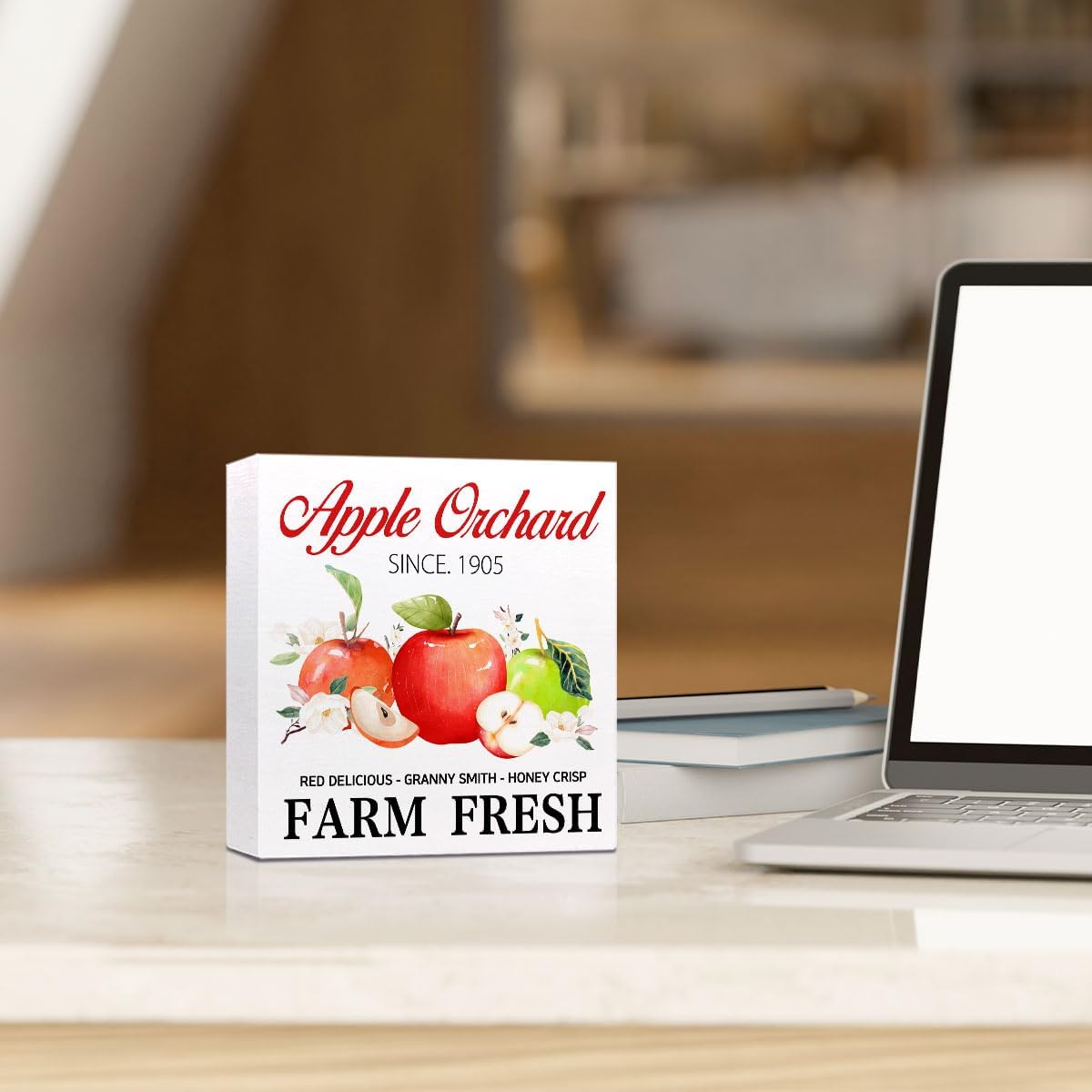 Fall Table Decor,Apple Orchard Autumn Harvest Seasonal Thanksgiving Wood Block Sign Desk Decor,Rustic Fall Wooden Box Sign Decor for Farmhouse Home Kitchen Shelf Table Decoration Q693