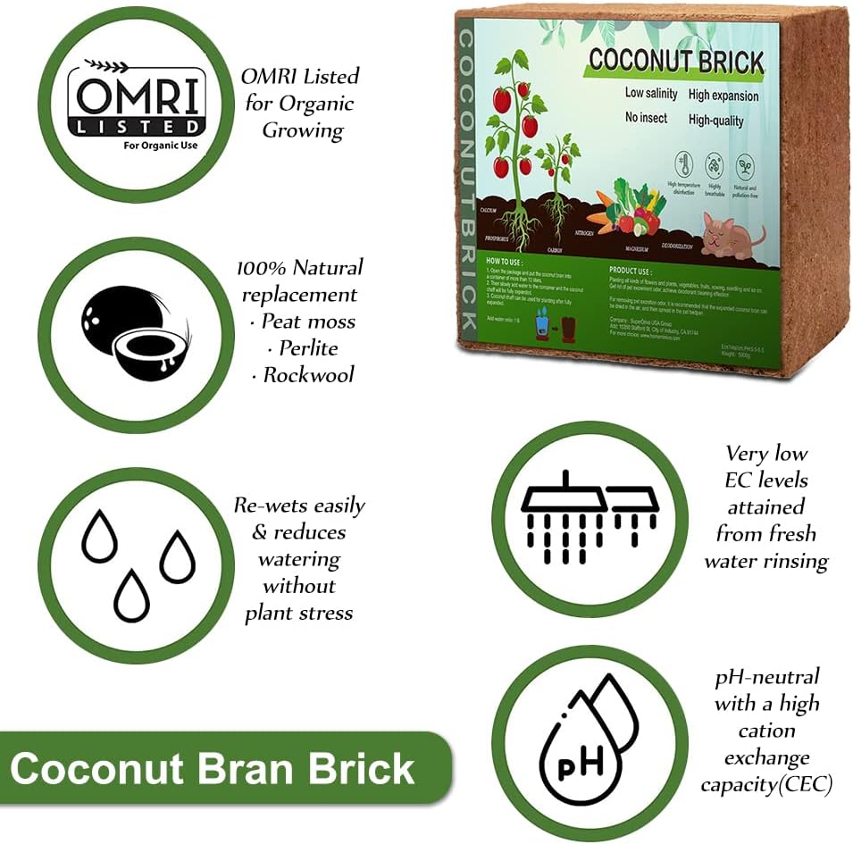 Premium Coco Coir Brick, 11Lbs High Nutrient Compressed Coconut Soil, OMRI 100% Organic Low EC & PH Balanced Potting Soil for All Plants Gardening, Hydroponics and Reptile Substrate 1-Pack