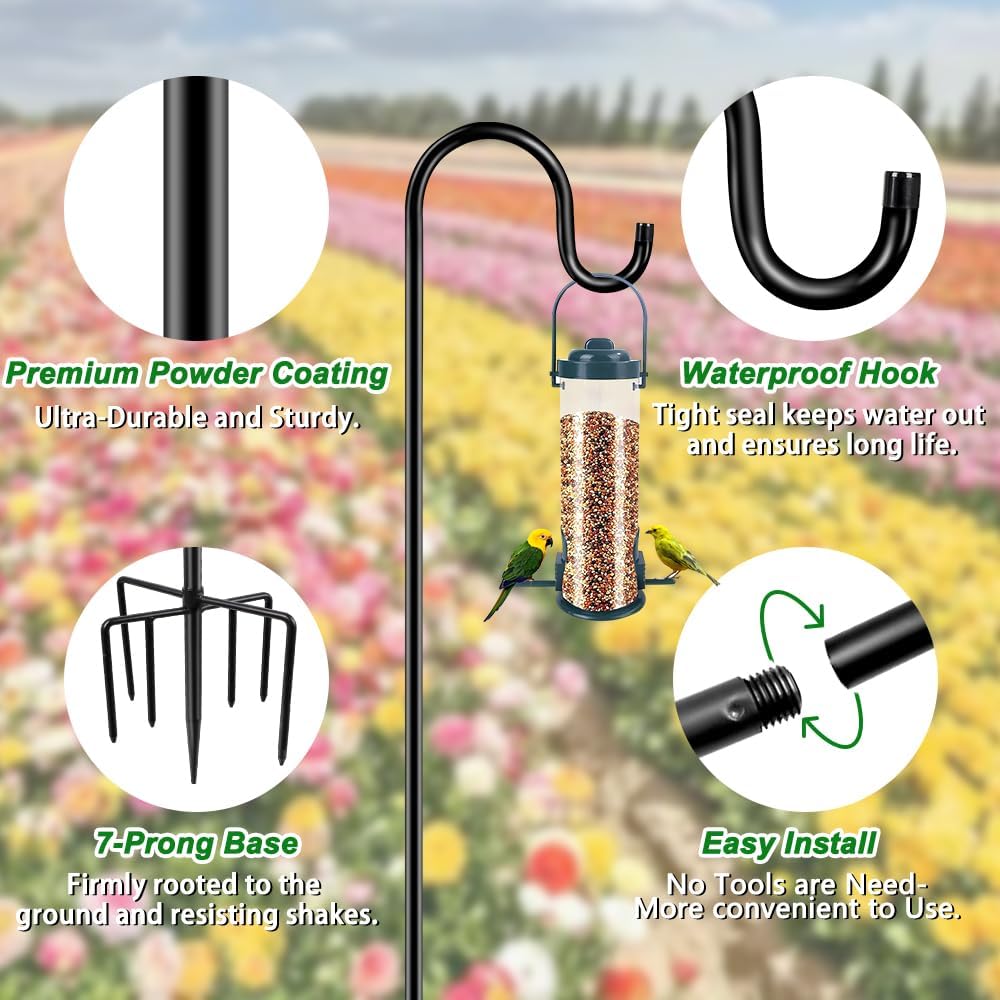 72" Shepherds Hooks for Outdoor, Heavy Duty Garden Bird Feeder Pole for Hanging Bird Feeder, Plant Baskets, Solar Light Lanterns, Outdoor Plant Hanger Hook with 7 Base Prongs,1 Pack