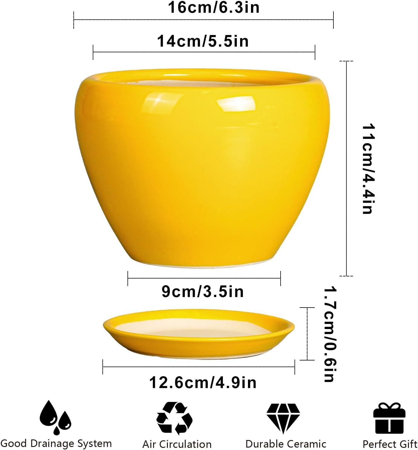 Ceramic Pot for Plants - 6 Inch Plant Pot Glaze Modern Decorative Round Planter with Drainage Hole and Saucer for Home Patio Room Office House Decor, Yellow