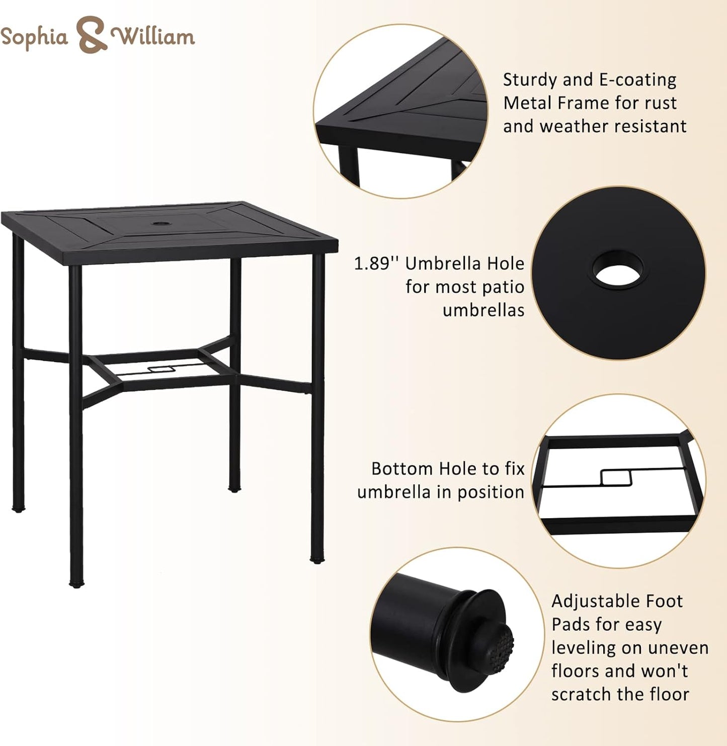 Sophia & William Patio Bar Set 5 Piece Outdoor High Dining Table and Chairs, Metal Furniture Set with 4 Swivel Bar Stools with Red Cushion and 1 Square Bar Height Table with 1.89'' Umbrella Hole