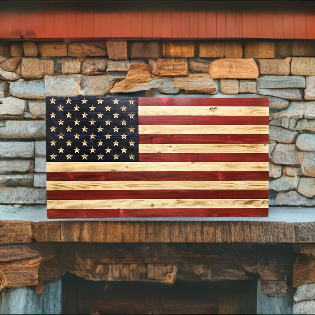 Rustic Wooden American Flag, Patriotic Wall Art (Weather Protected Finish, 19.5x36)