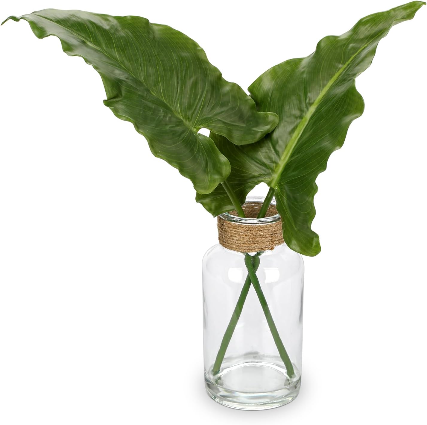 Faux Greenery Stems in Glass Vase with Faux Water, Silk Alocasia Realistic Fake Plants Artificial Tropical Leaves for Home Office Farmhouse Wedding Centerpiece Décor