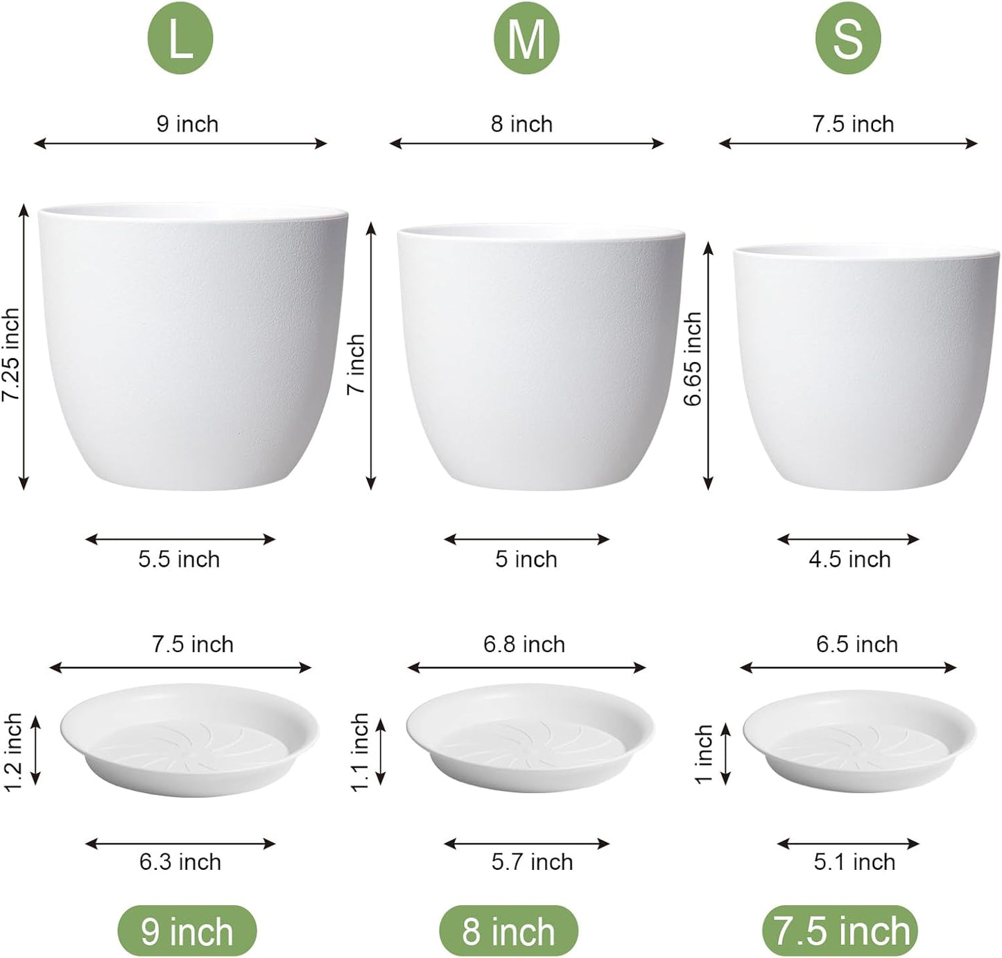 9/8/7.5 inch Flower Pots, Set of 3 Modern Decorative Plastic Planters with Drainage Holes and Saucers, Plant Pots for Indoor Outdoor Plants, White