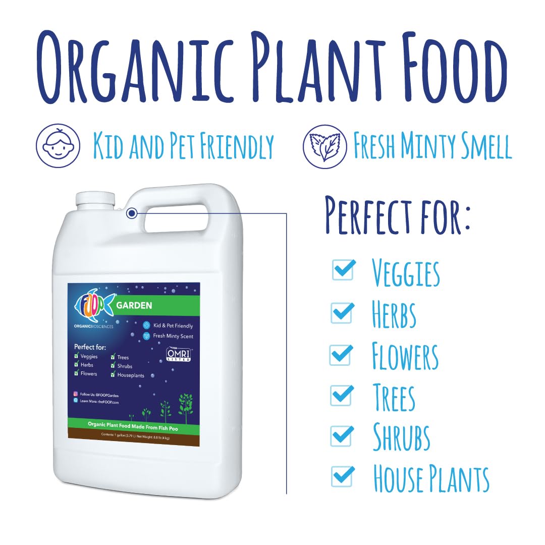 FOOP Garden - Organic Liquid Plant Food Made from Fish Manure (with Fresh Minty Scent) | Fish Fertilizer Alternative Perfect for Veggies, Herbs, Flowers,Trees,Shrubs | Kid&Pet Friendly (1G, 2 Pack)