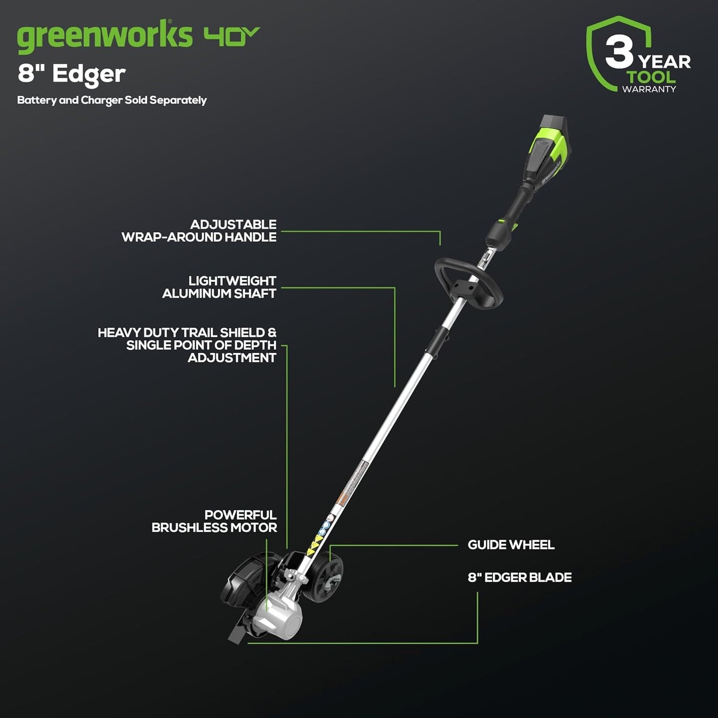Greenworks 40V 8" Brushless Edger, Battery and Charger Not Included