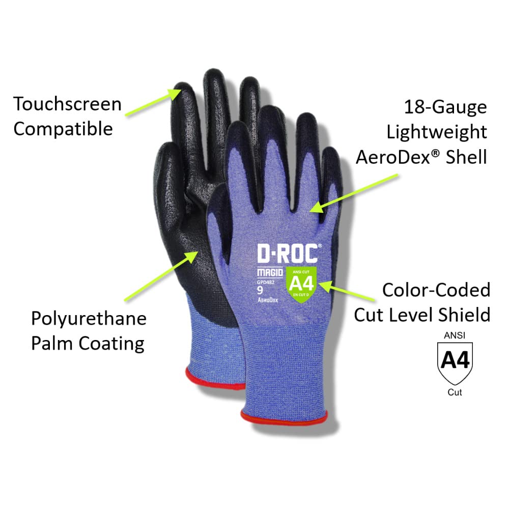 MAGID D-ROC ANSI A4 AeroDex Polyurethane Palm Coated Work Gloves, 1 Pair, Size 8/Medium, GPD482