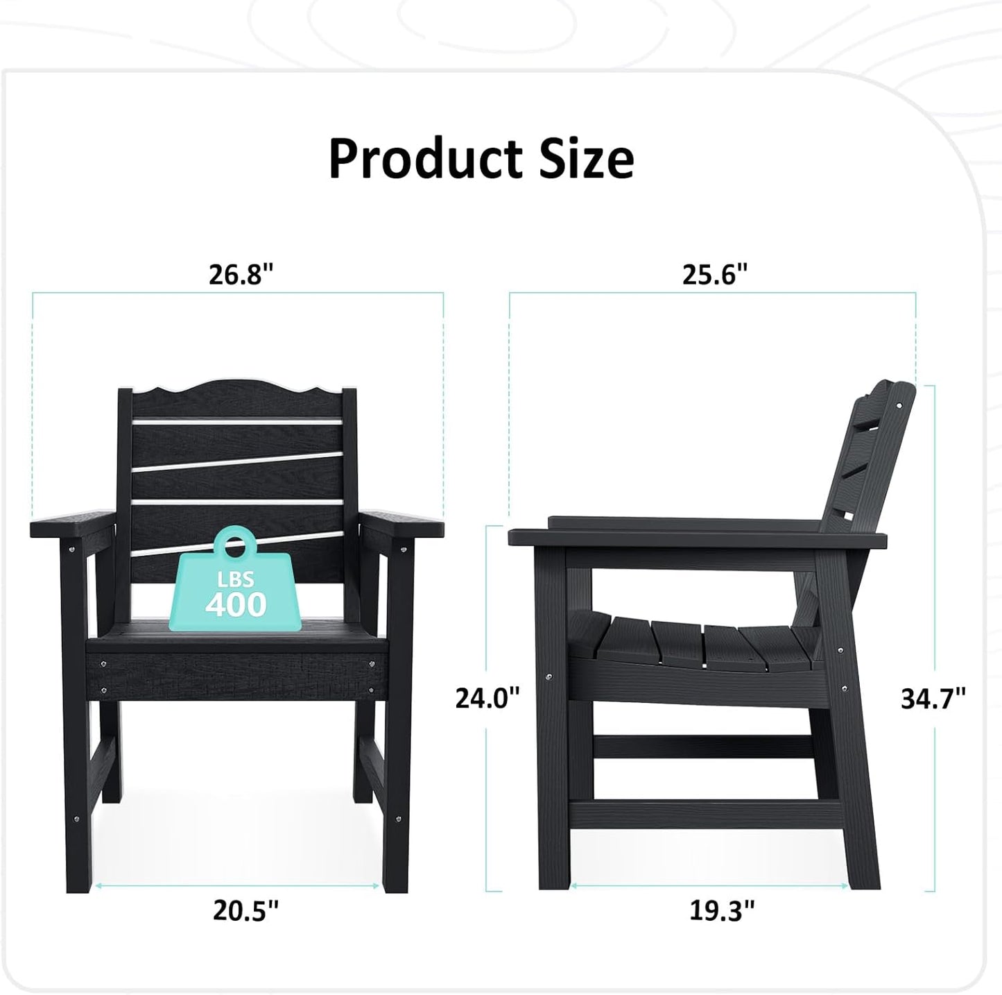 Weatherproof Patio Chair, Poly Lumber Outdoor Patio Chairs with Ergonomic Curved Seat, 400lbs Capacity Outdoor Dining Chairs for Garden, Porch, Lawn & Backyard, Black