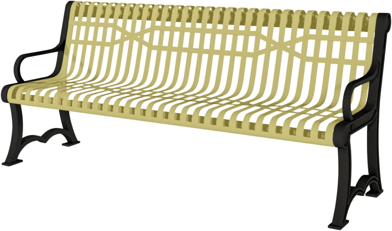 Coated Outdoor Furniture Heavy-Duty Outdoor Bench Thermoplastic Coated, Slatted Steel, Commercial-Grade Garden Bench, Made in America (Portable with Back, 4 Ft, Textured Sand)