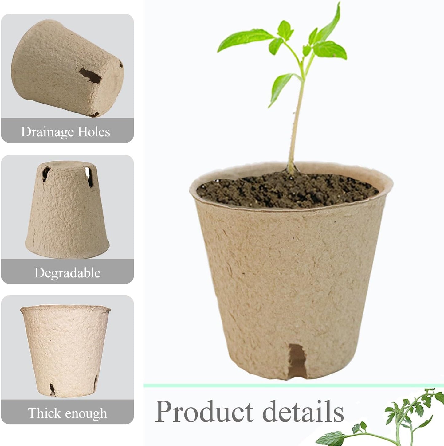 50Pcs Biodegradable Seedling Pots 3.15 Inch Round Peat Pot with Drainage Holes Seed Starting