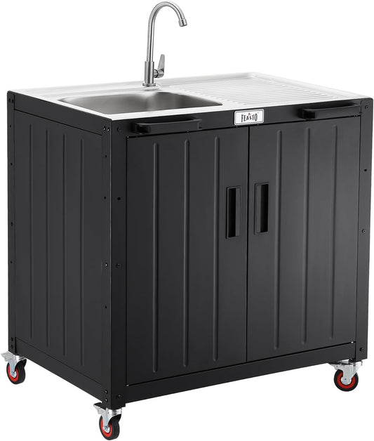 Freestanding Grill Cart with Sink and Cabinet, Movable Outdoor Cart Table with 304 Stainless Steel Sink, Outdoor Grill Cart,Outdoor Grill Station with Wheels, L35.4” x W24”