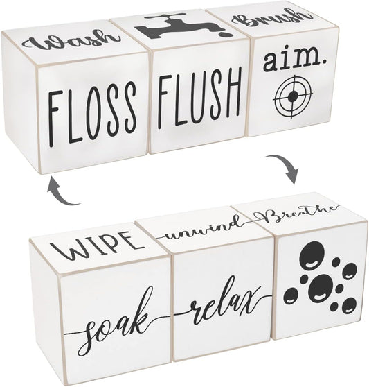Farmhouse Funny Bathroom Decor, 4-Sided Wooden Blocks, Country Rustic Cute Bathroom Sign for Shelf, Black and White House Home Decorations Accents, 2.8