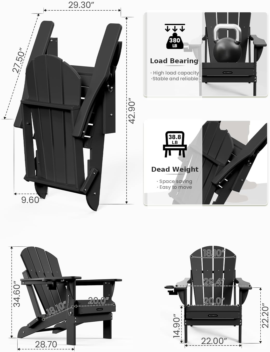 MUCHENGHY Folding Adirondack Chairs and Table Set, Outdoor Chair, Adirondack Chair Plastic, Fire Pit Chair, Weather Resistant with Cup Holder for Deck, Backyard, Garden(Black, 3-Piece)