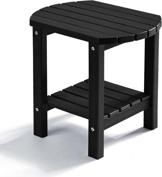 PASAMIC Outdoor Side Table, HDPE Adirondack Oval Side Table with 2-Tier Storage, Weather Resistant Outdoor End Table for Patio, Backyard, Pool, Indoor Companion, Beach, Easy Maintenance Table (Black)