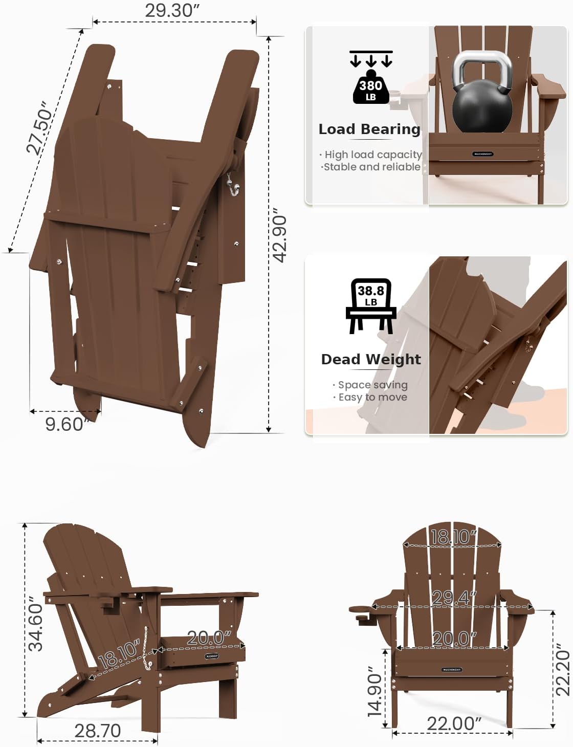 MUCHENGHY Folding Adirondack Chairs, Patio Chairs, Lawn Chairs, Outdoor Chair, Adirondack Chair Plastic, Fire Pit, Weather Resistant with Cup Holder for Deck, Backyard, Garden(Brown)