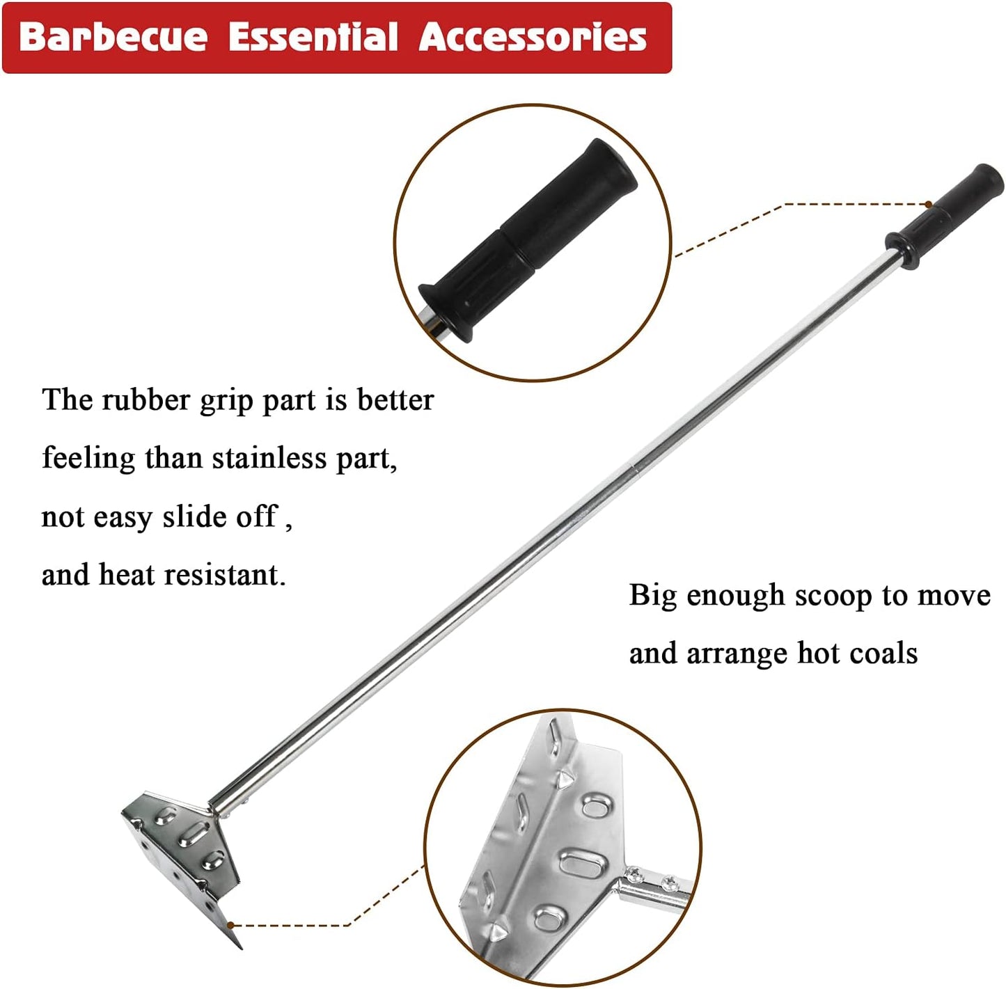 Heavy Duty Charcoal Grill Rake Ash Tool Accessories With Rubber Handle, Kettle Grill Pizza Oven Ash Rake - 32 Inch