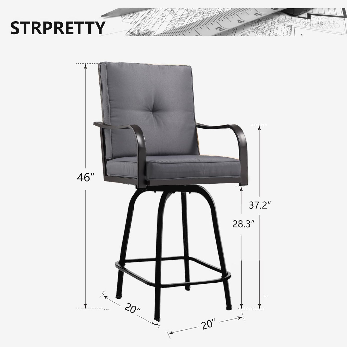 Patio Swivel Bar Stools Set of 6, Outdoor Bar Height Patio Swivel Chairs with Cushion for Garden Balcony Backyard (Grey)