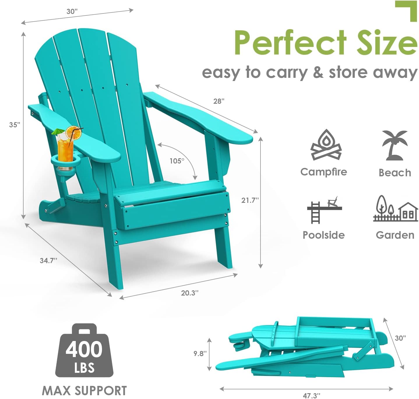 GREENVINES Folding-Adirondack-Chairs-Set-of-6 | HDPE Plastic | Fire Pit Chair | All Weather | Cup Holder | Aqua | for Deck Backyard Patio Outdoor Garden
