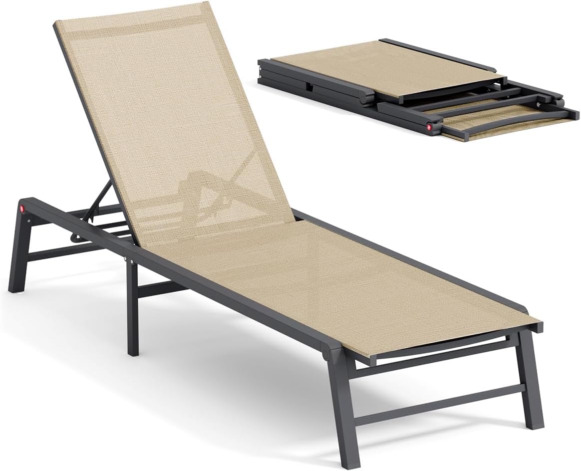 Chaise Lounge Chair Outdoor Aluminum Patio Lounge Chair with 5 Adjustable Positions Folding Pool Lounge Chairs Assemble-Free Beach Lounge Chair for Patio, Pool, Indoor and Outdoor Flaxen
