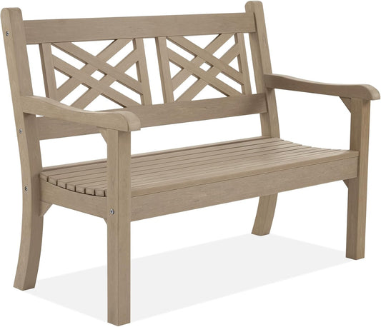 Psilvam 49''W All-Weather Poly Lumber Outdoor Bench – Grey, 2-Person Garden Bench with Decorative Backrest & Curved Armrests, Anti-Fade Patio Bench for Porch, Backyard, and Park(Grey)