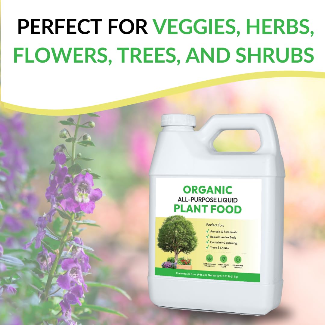 Organic All-Purpose Liquid Plant Food - Use on All Outdoor Plants: Flower Beds, Vegetable Gardens, Container Gardening | Concentrated Liquid Fertilizer Alternative (32oz, 2 Pack, Mixes to 64 Gallons)