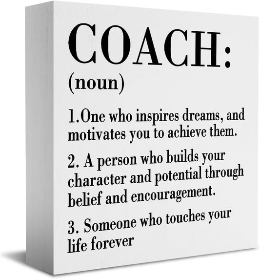 HTBIG Rustic White Wooden Coach Definition Sign, 5.1 x 5.1 Inches, Perfect for Home Office, Bedroom, Classroom, Cubicle, Counseling Desk, Shelf, Table Decoration