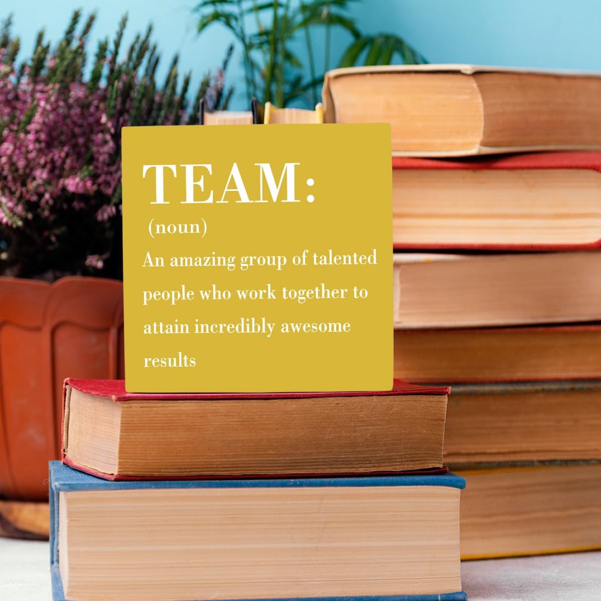 HTBIG Inspirational Team Noun Office Decor Desk Decor Wooden Box Sign, Rustic Black Wood Plaque Box Sign for Home Office Desk Shelf Table Decoration Coworker Gift Team Sign, Yellow