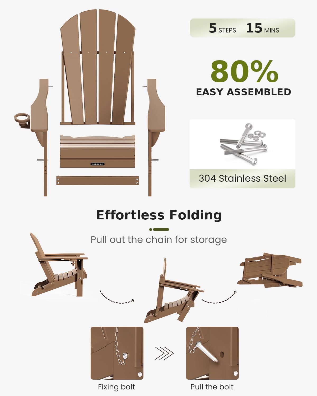 MUCHENGHY Folding Adirondack Chairs and Table Set, Outdoor Chair, Adirondack Chair Plastic, Fire Pit Chair, Weather Resistant with Cup Holder for Deck, Backyard, Garden(Teak, 3-Piece)