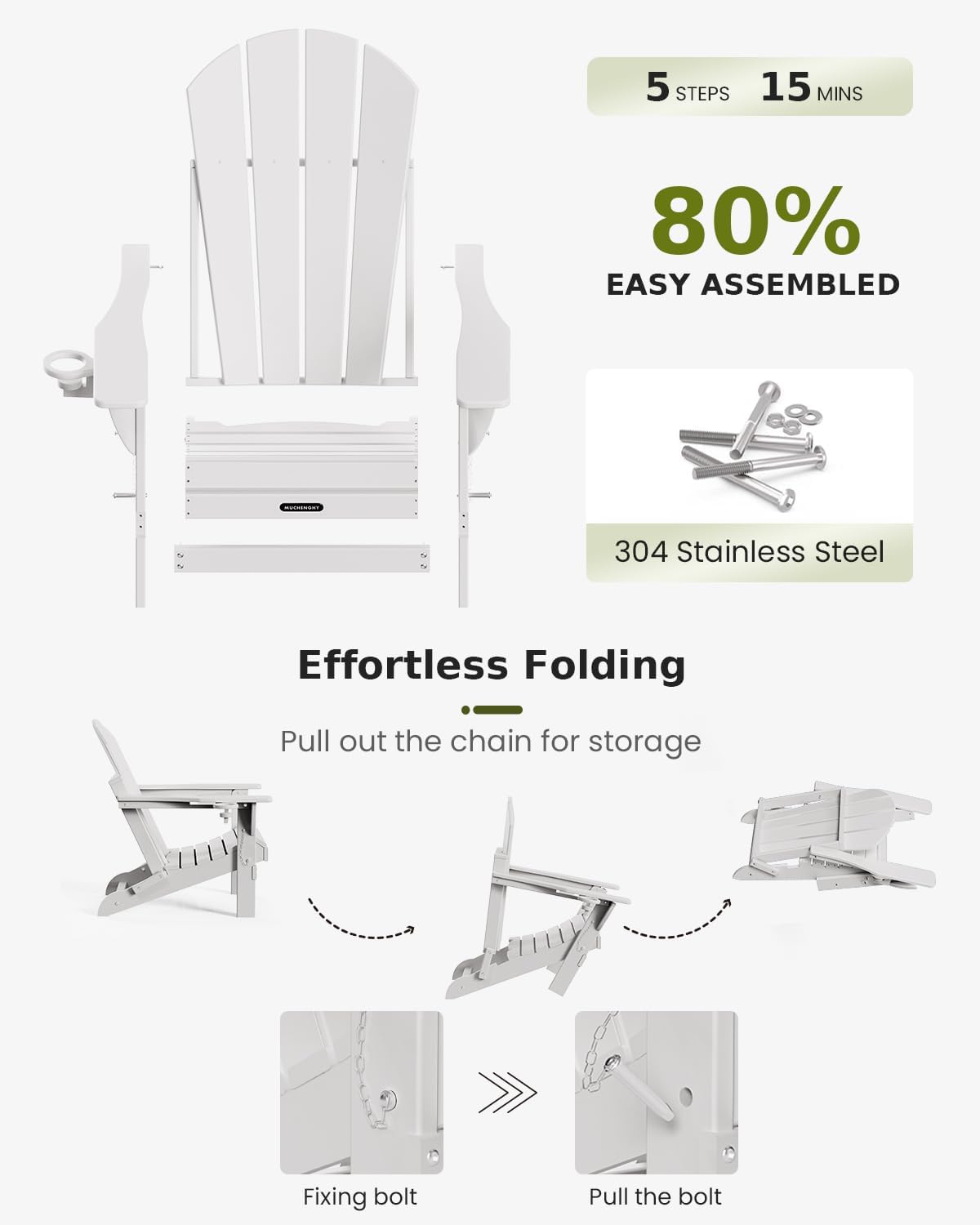 MUCHENGHY Folding Adirondack Chairs, Patio Chairs, Lawn Chairs, Outdoor Chairs, Adirondack Chair Plastic, Fire Pit Chairs, Weather Resistant with Cup Holder for Deck, Backyard, Garden(White)