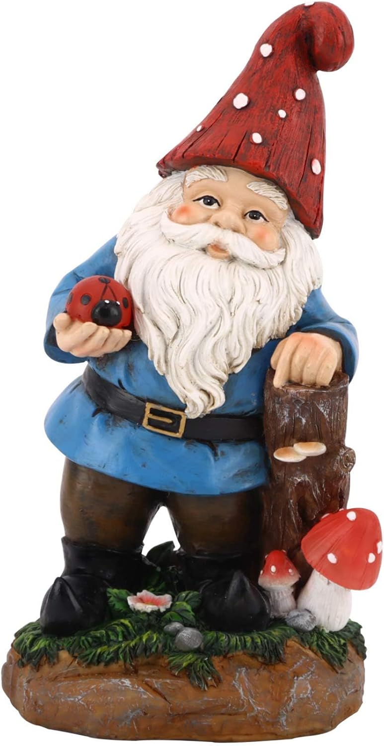 Topadorn Garden Gnome Statue LED Light Solar Energy Gnome Figurine with Ladybug on Hand Mushroom for House, Lawn Decor 11 Inch