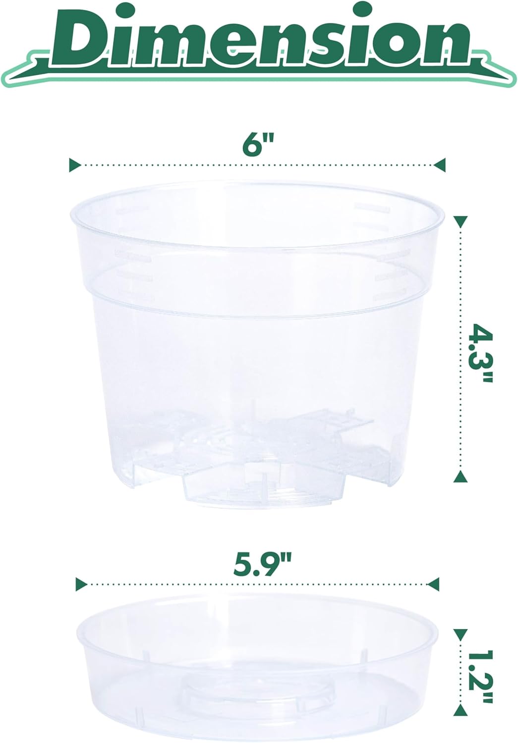 6 Inch Clear Plastic Plant Pot with Drainage Holes, Interlocking & Detachable Tray - Deep Saucer - Durable BPA-Free Plastic, Transparent Design, Raised Base for Airflow, Set of 24, 92-X-C-4