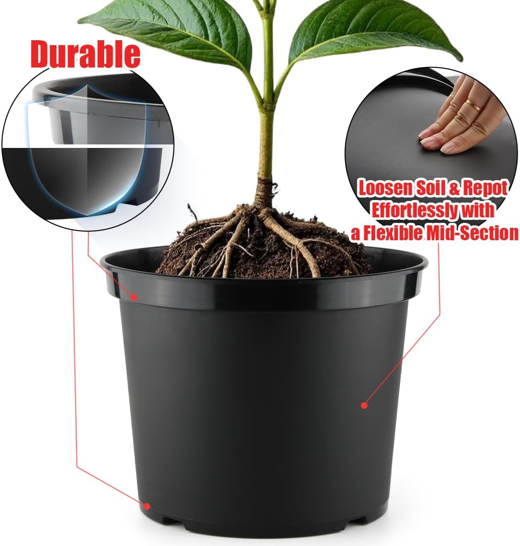 5 Gallon 12 Inch Plastic Nursery Pots, Plant Containers with Drainage Holes, Round Sturdy Garden Planters for Indoor/Outdoor Greenery, Gardening Gifts for Women (5-Pack, Black)