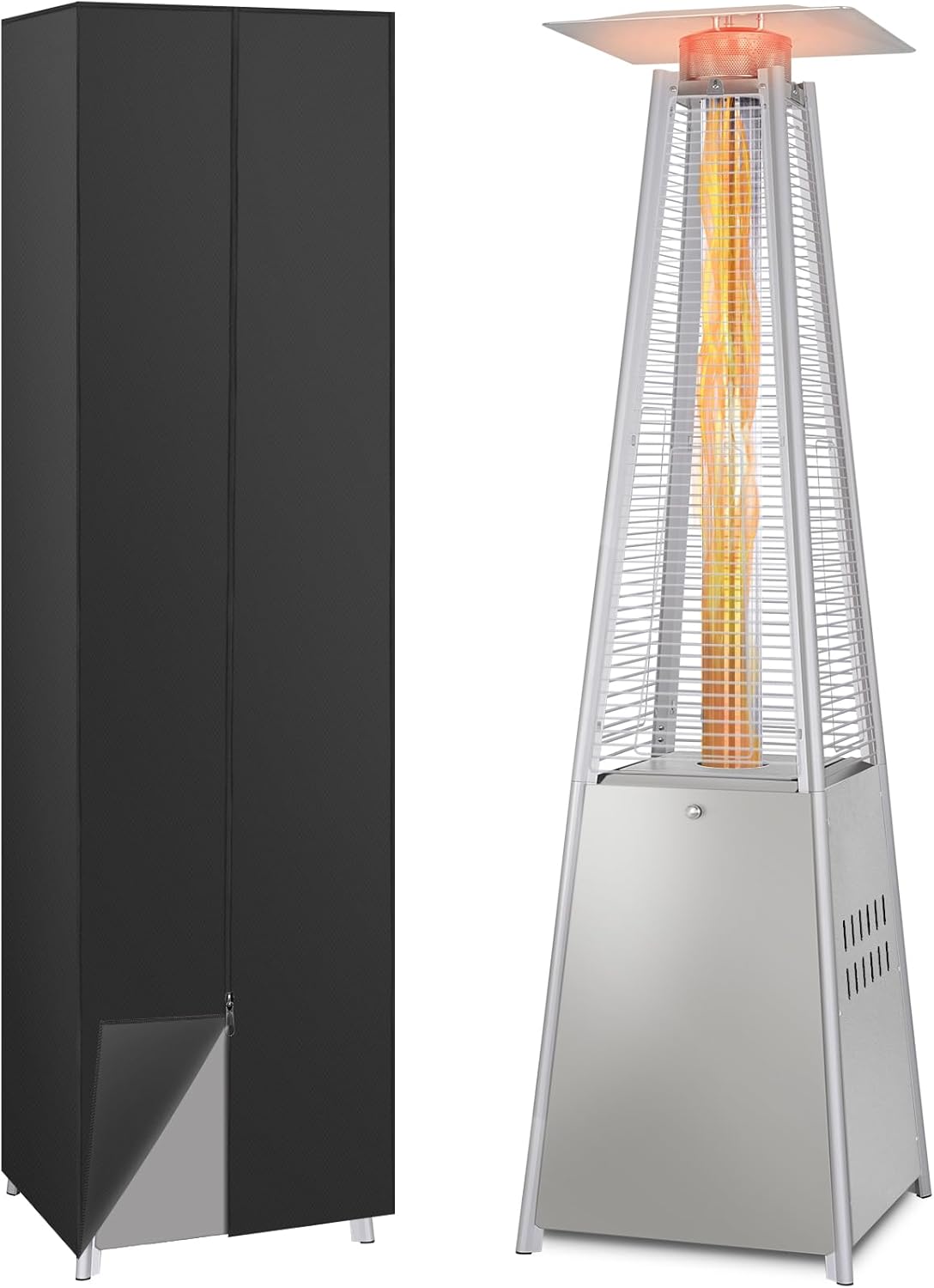 Hykolity 48000 BTU Pyramid Patio Heater, Outdoor Propane Heaters with Wheels and Cover, Glass Tube Propane Patio Heater for Backyard, Garden, Porch and Pool, Silver Grey
