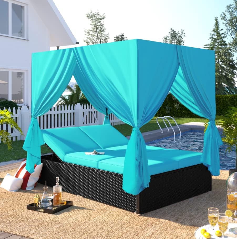 Patio Chaise Lounge, PE Rattan Outdoor Patio Wicker Sunbed Daybed with Adjustable Seats, Four-sided Canopy, Overhead Curtain and Blue Cushions for Backyard, Garden, Poolside (for 2-6 people)
